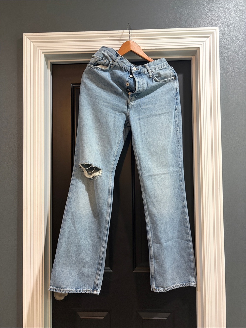 Free People Light Blue Flare Jeans with Knee Rip